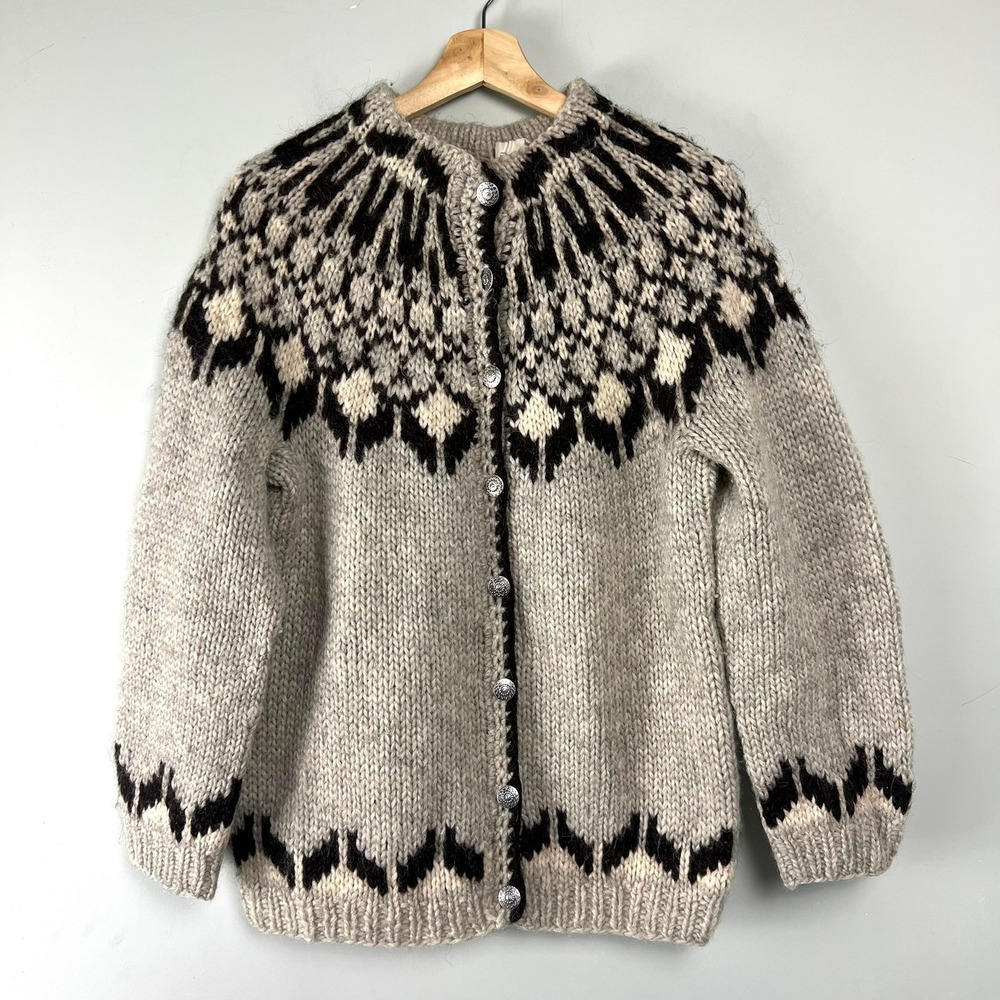 Vtg Karen Isull of Iceland Wool Cardigan M Fair Isle Nordic Cabin Ski Lopi 90s